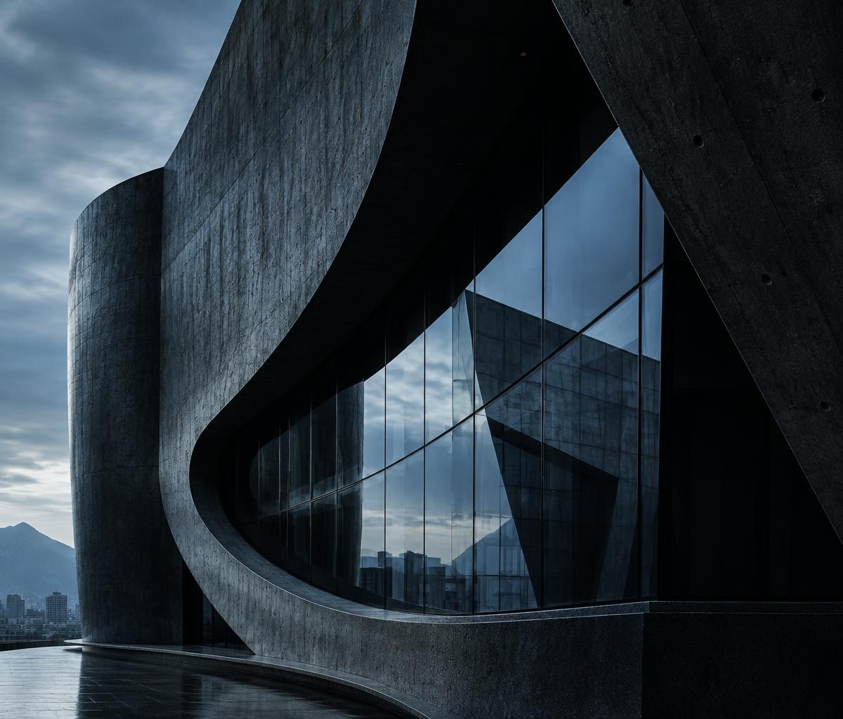 Concrete and glass architecture in cool steel-blue light